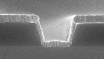 Mikroskopische Aufnahme einer dünnen Struktur, die zwei erhöhte Kanten mit einem tiefen Einschnitt in der Mitte zeigt. Die Oberfläche ist rau und zeigt feine Linien, die die Herstellungsdetails verdeutlichen.