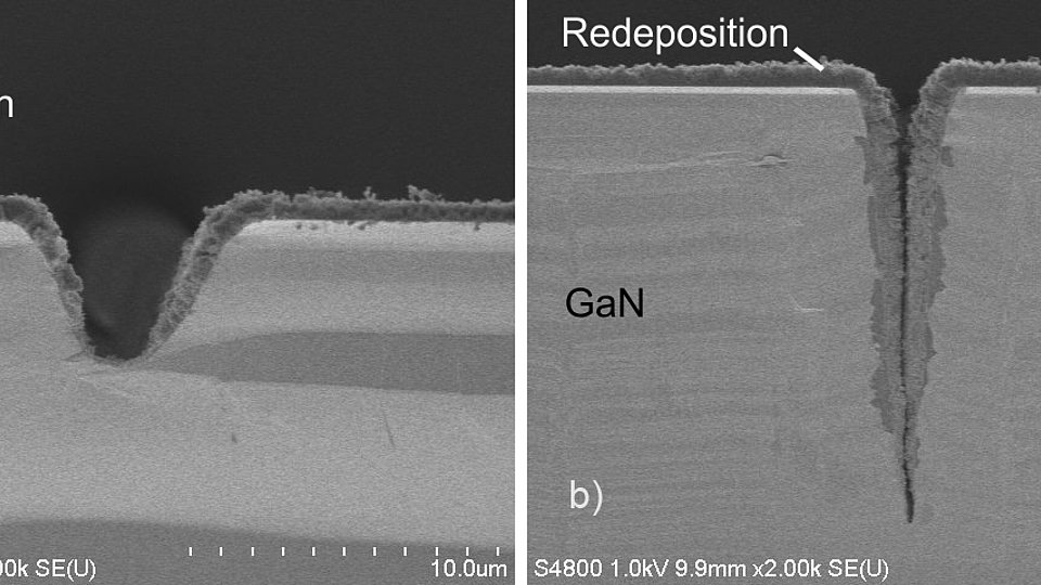 Cross-sectional scanning electron micrographs of laser scribed trenches