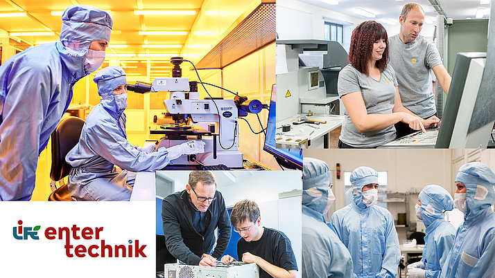 Collage of images showing the areas in which young women can complete their one-year internship as part of the EnterTechnik program: microtechnology, precision engineering workshop, IT.