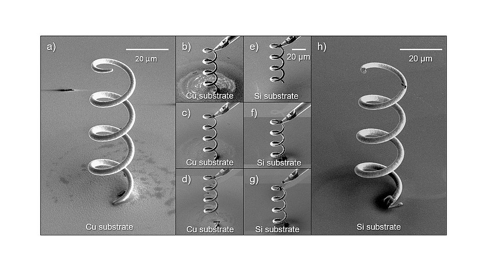 SEM images showing the transfer of a helical antenna from a copper substrate onto a silicon chip in a series of images from (a) to (h). Scale bars indicate 20 µm.