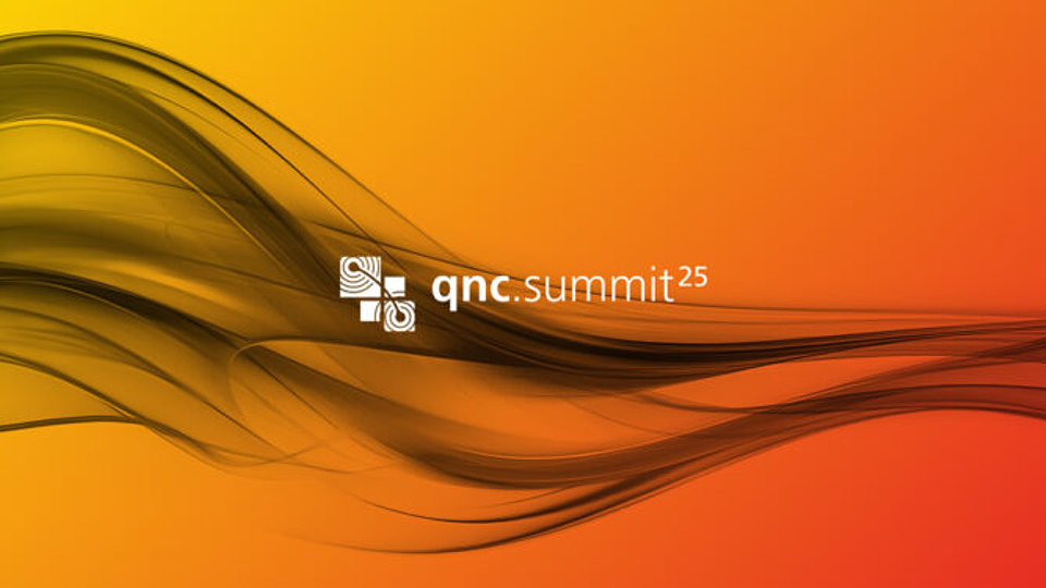 Abstract design featuring flowing curves in shades of orange and black. The text "qnc.summit25" is prominently displayed in a modern font.