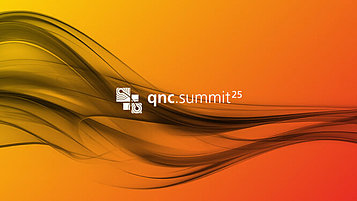 Abstract design featuring flowing curves in shades of orange and black. The text "qnc.summit25" is prominently displayed in a modern font.