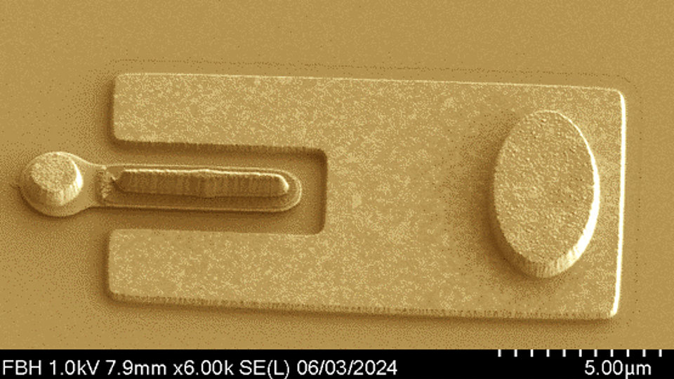 The image shows a metallic microstructure, featuring a rectangular base with a rounded end and an oval feature. The surface appears textured, and the overall dimensions are on a microscopic scale, illustrating the intricacies of material design.