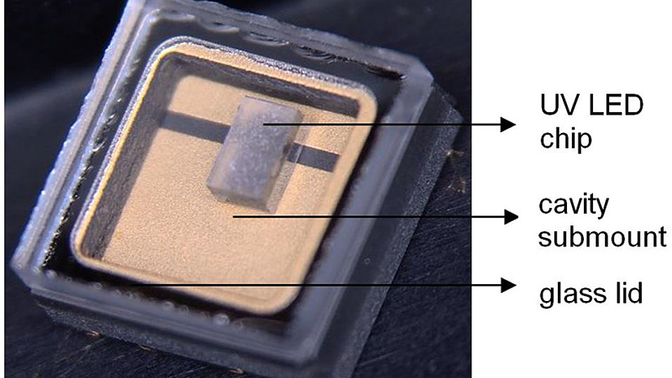 UV-B LED chip after flip-chip soldering in a cavity submount