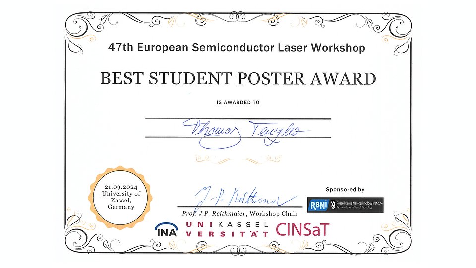 Urkunde über den "Best Student Poster Award" des 47. European Semiconductor Laser Workshop. Verliehen am 21.09.2024 an der Universität Kassel an Thomas Tenzler. 