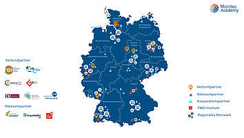 Deutschlandkarte, die das Partnernetzwerk der Microtec Academy in Deutschland zeigt, einschließlich Verbundpartnern, Netzwerkpartnern, Kooperationspartnern und FMD-Instituten. Auf der Karte sind verschiedene Symbole und Farben verwendet, um die unterschiedlichen Partnerkategorien darzustellen. Die Partnerstandorte sind in mehreren Bundesländern verteilt.