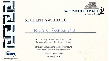 Das Bild zeigt eine Urkunde über den Best Student Paper Award der WOCSDICE-EXMATEC 2024 Konferenz für Petros Beleniotis.