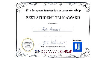 Urkunde über den "Best Student Talk Award" des 47. European Semiconductor Laser Workshop. Verliehen am 21.09.2024 an der Universität Kassel, an Nor Ammouri.