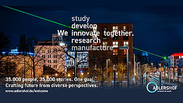 The photo shows a night shot of the Adlershof Technology Park with brightly illuminated buildings and the campaign slogan "we innovate together".