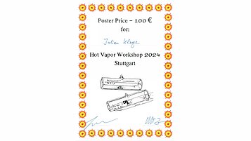 Certificate awarding a 100 € poster prize to Julien Kluge at the Hot Vapor Workshop 2024 in Stuttgart. The certificate is decorated with a border and includes a hand-drawn illustration of two glass tubes.