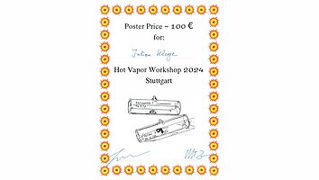 Urkunde für den Posterpreis in Höhe von 100 € für Julien Kluge, verliehen beim Hot Vapor Workshop 2024 in Stuttgart. Die Urkunde ist mit einer Bordüre verziert und zeigt eine handgezeichnete Darstellung von zwei Glasröhren.