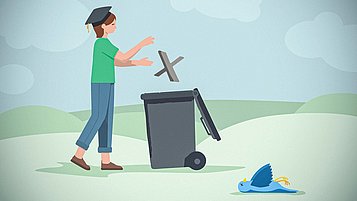 A person is tossing an "X" shape into a trash bin. Nearby, a blue bird lies on the ground.