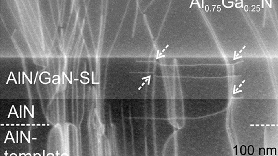 Fig. 1: Exemplary cross-sectional image of lower part of UVB-LED structure on AlN template  Fig. 1: Exemplary cross-sectional image of lower part of UVB-LED structure on AlN template